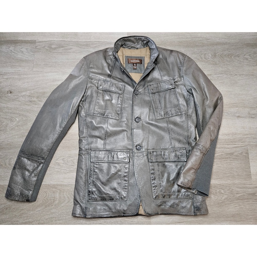 Danier Mens Size L Tall Genuine Leather Field Jacket Grey Quilted Thinsulate